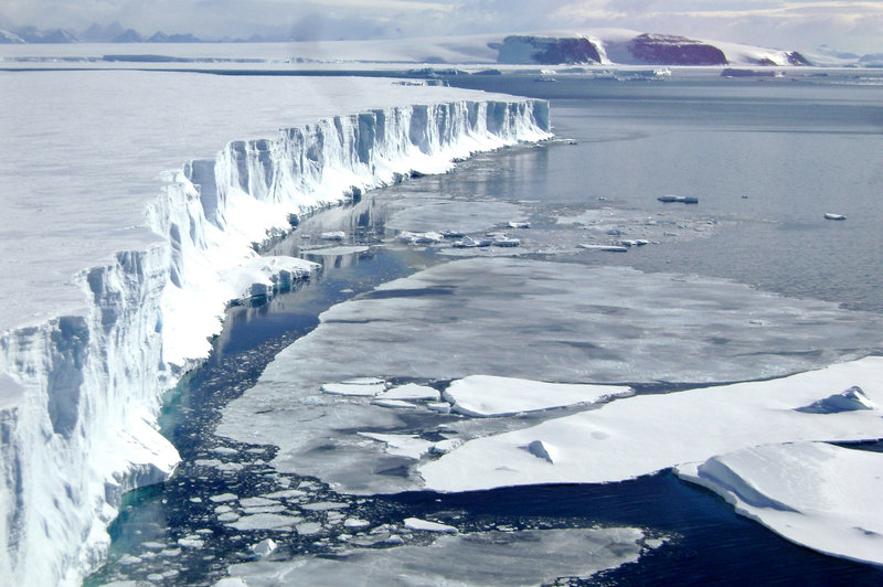 A 2008 view of the leading edge of the Larsen B ice shelf, extending into the northwest part of the Weddell Sea. Huge, floating ice shelves that line the Antarctic coast help hold back sheets of ice that cover land.