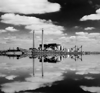 power plant, black and white photo